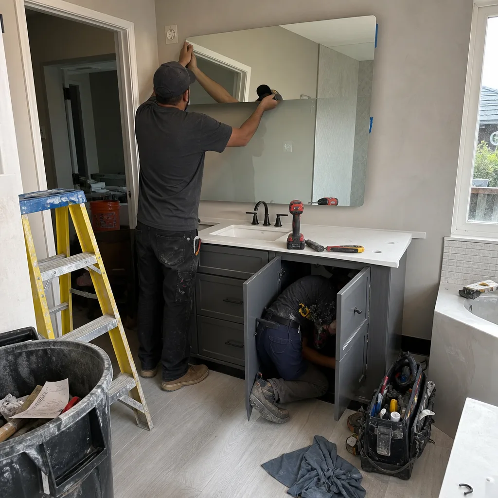 Professional contractors working on a bathroom remodeling project