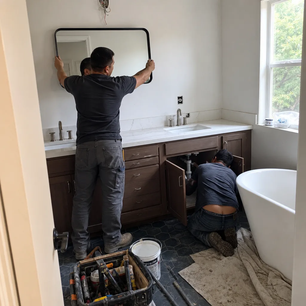 Contractors performing professional bathroom remodeling installation