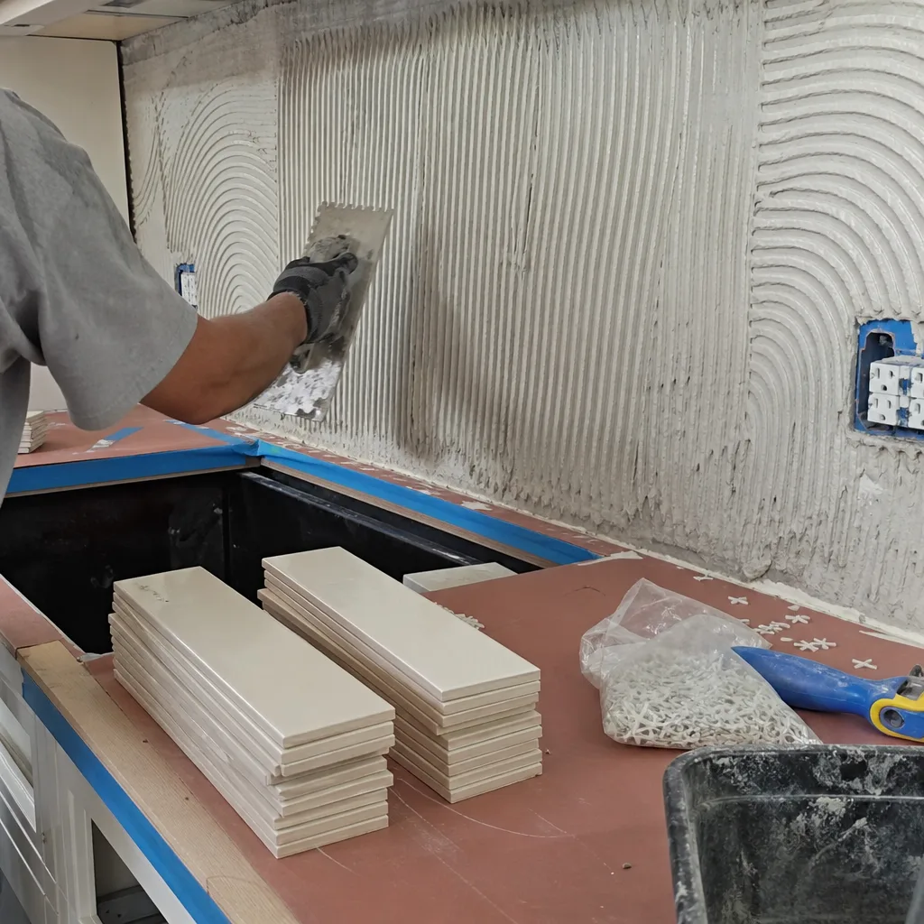 Professional contractor applying thin-set mortar to kitchen backsplash for tile installation