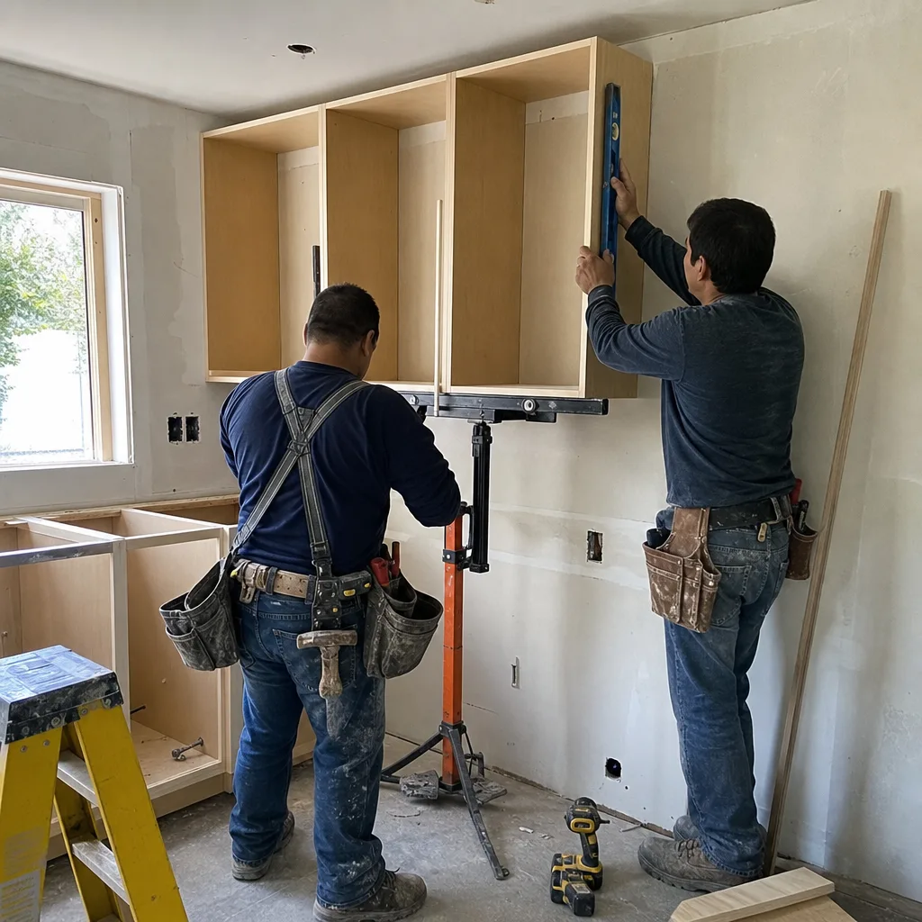 Two professional contractors installing kitchen wall cabinets with tools