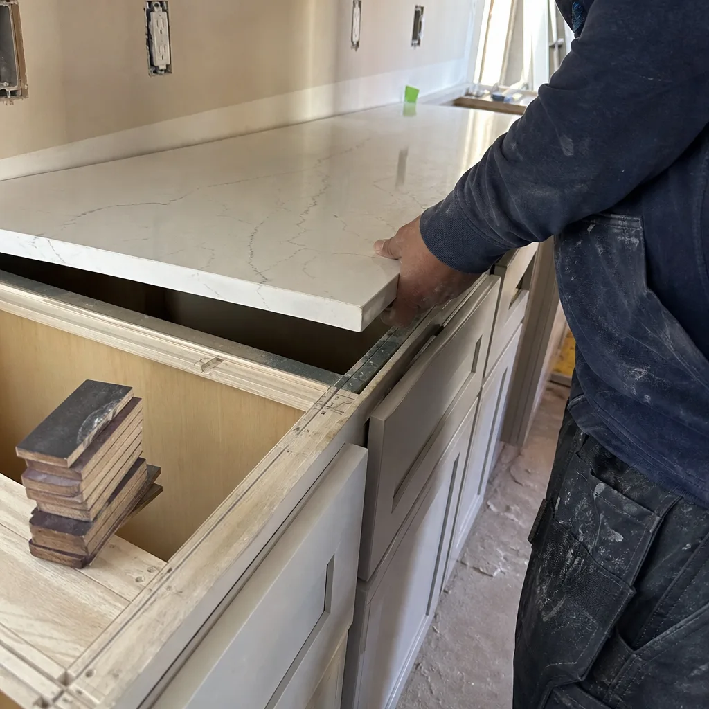 Professional contractor installing a white quartz countertop during a kitchen remodel.